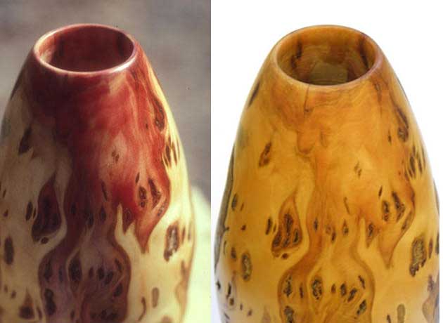 Wood workers use the red stained wood to make interesting objects but beware the red compound is not stable and breaks down in light - as you can see above with a change from red to brown in this vase after about 6 months out in normal room lighting.